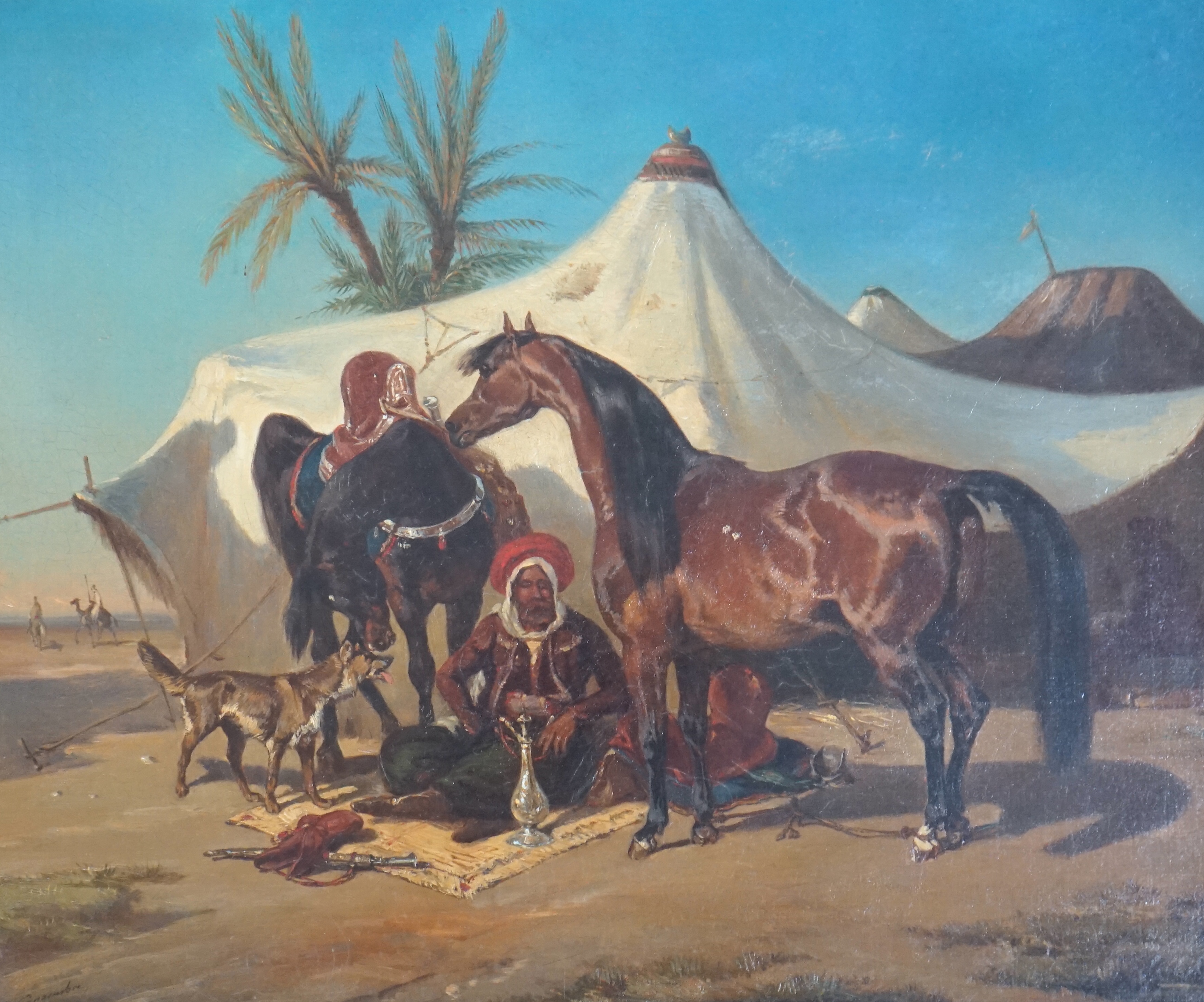 Joseph Zéphyris Gengembre (French, 1818-1870), Encampment in the desert with seated Arab warrior and horses, oil on canvas, 36 x 44cm